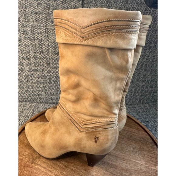 Frye Simone Cuff Mid-Calf Leather Natural Tan Boots With Stacked Heel.Size 8 - Picture 1 of 13